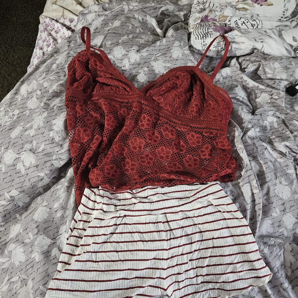 Red Lace Top with Striped Shorts Set